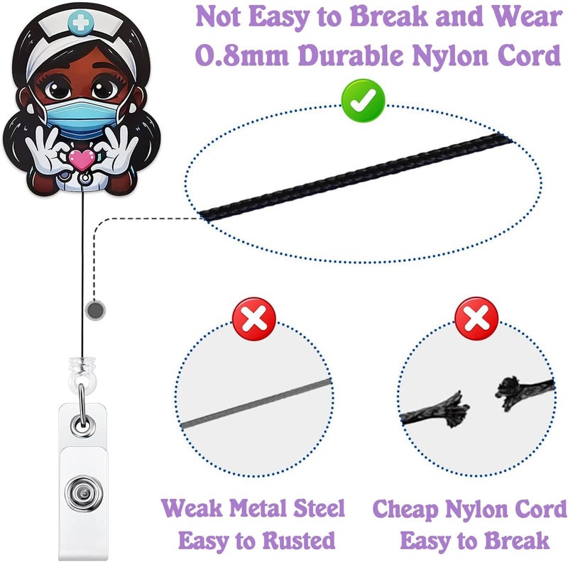 Bydevia Cute Black Girl Badge Reel Retractable for African American Nurse Nursing RN LPN & Medical Assistant | Funny Black Girl Nurse ID Badge Holder with Alligator Clip & 24” Durable Nylon Cord | Acrylic - Image 4